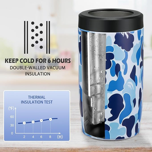 4-in-1 Slim Can Cooler Easy to Hold Insulated Beer Can Holder Double-walled Stainless Steel for All 12 Oz Cans (Camouflage Blue)