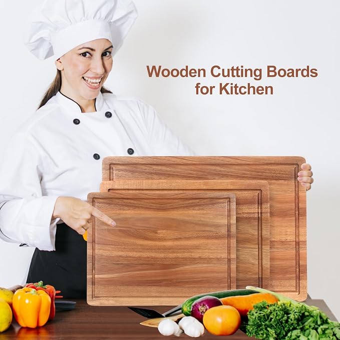 Solid Acacia Wood Cutting Board Set of 3 Wooden Charcuterie Boards Set | Hardwood Meat Chopping Board Butcher Blocks Safe Non Toxic Large Cutting Boards for Kitchen Decor Bread Serving Cheese Board
