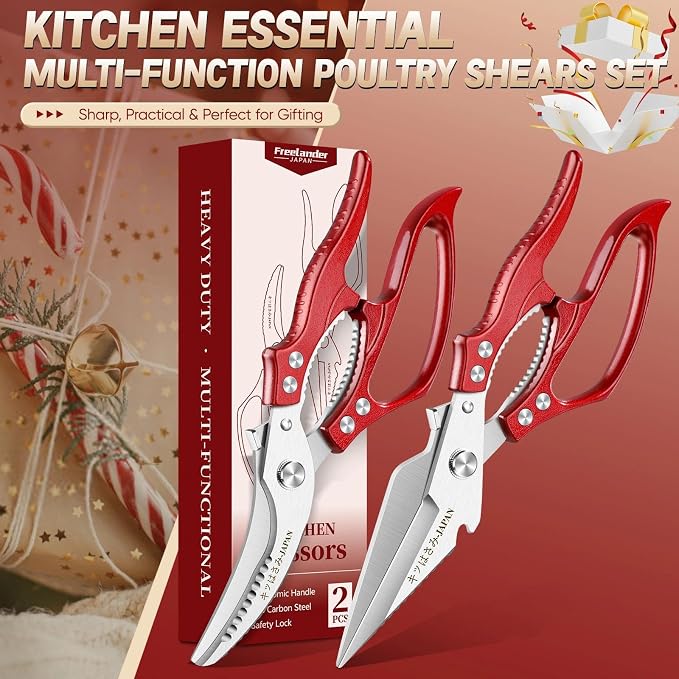 Freelander Kitchen Scissors Set Red - All Purpose Heavy Duty Poultry Shears | Japanese Kitchen Shears for Food, Chicken, Meat, Fish, Vegetables with Ergonomic Non-Slip Handle, Gifts for Women Men