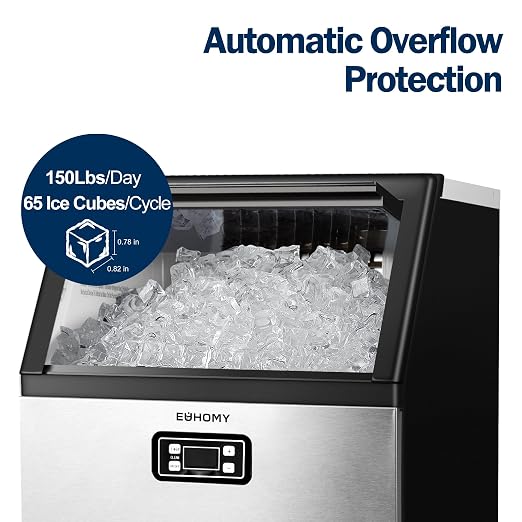 EUHOMY Commercial Ice Maker Machine, 150lbs/24H Stainless Steel Under Counter ice Machine with 33lbs Ice Storage Capacity, Freestanding Ice Maker