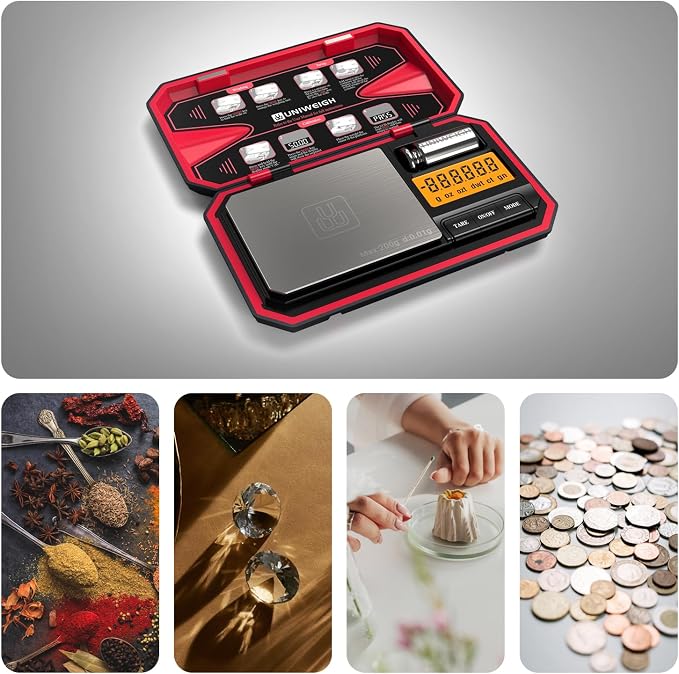 UNIWEIGH Travel Digital Pocket Scale 200g/0.01g, Digital Gram Scales | Mini Food Scale with 50g Calibration Weight for Food, Powder,small items, Tea, Jewelry, Coins (Battery Included)-Red