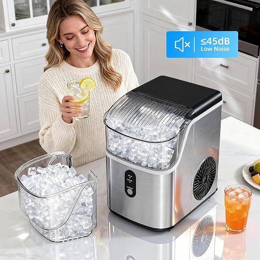 Nugget Ice Maker Countertop, Pebble Ice Machine with Soft Chewable Pellet Ice, 35Lbs/24H, Self-Cleaning, One-Click Operation for Kitchen, Office, Home, Stainless Steel Silver