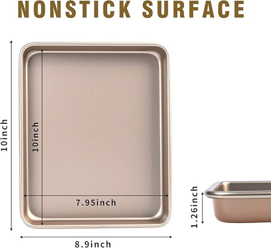 Toaster Oven Pans Set of 2, Shinsin 11-Inch Nonstick Baking Sheet Pans and Trays, 1/8 Thicker Replacement Small Baking Tray Accessories for Cookie, Non Toxic and Easy Clean and Diswasher Safe, Gold