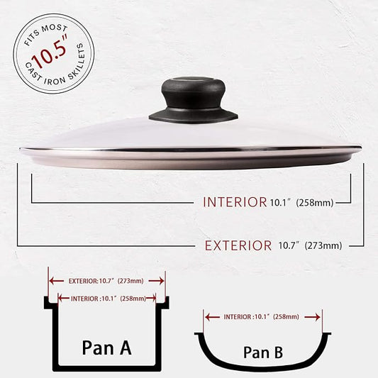 10.5 Inch Pan Lid, Universal Glass Cover for Pots, Skillets & Frying Pan | Clear, Cookware & bakeware lids, Stainless Steel Edging with Heat-resistant Handle