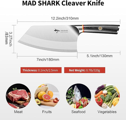 MAD SHARK 7 Inch Meat Cleaver Knife, German Stainless Steel Professional Vegetable Knife, Stainless Steel with Beautiful Pakkawood Handle, Heavy Duty Blade for Chef, Home Kitchen and Restaurant