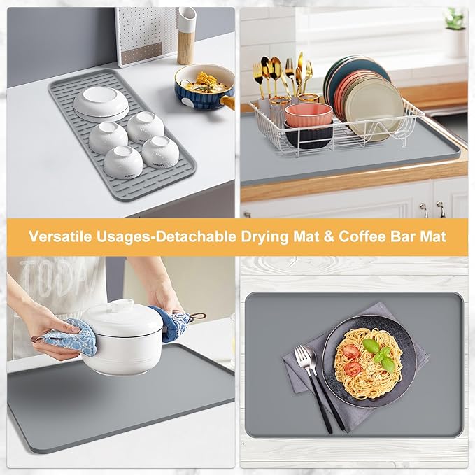 Silicone Coffee Mat, 24'' x 16'' Bar Mat with Detachable Dish Drying Mat for Countertops, Fits Under Coffee Maker, Machine, Espresso Machine, Dish Rack