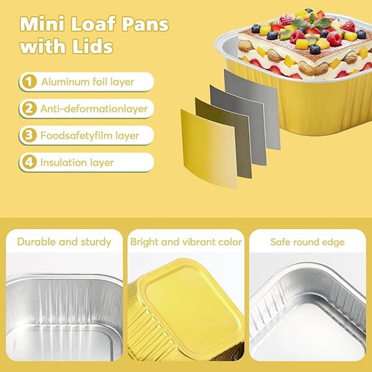 Ruckae 5oz 100 Pcs Square Mini Loaf Pans with Lids-Disposable Foil Dessert Containers,Mini Cake Pans with Lids,Aluminum Dessert Cups for Parties and Weddings (Gold, 5oz)