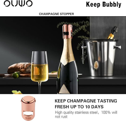 Champagne Sealer Stopper 6 Pack Stainless Steel Sparkling Wine Bottle Stoppers,Leak-Proof Bubble Retaining Saver,Suitable for Champagne Prosecco Cava and Sparkling (Rosegold)