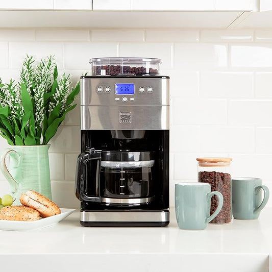 Kenmore Elite Grind and Brew Coffee Maker - Built-In Grinder, Automatic Drip Coffee Machine, 12 Cup Programmable Brewer, Bean Grinder and Ground Coffee Brewer, Coffee Maker and Grinder Combo