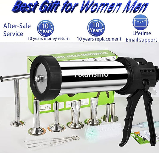 1.57 LB Large Capacity Jerky Gun Kits, Stainless Steel Jerky Shooter Cannon, Beef Stick Gun, Beef Deer Jerky Maker, Meat Gun, Sausage Stuffer with 5 Nozzles 5 Brushes 1 Meat Pusher, Gift for Women Mom