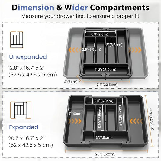 Caperci Large Silverware Organizer for Kitchen Drawer & Utensils - Expandable Drawer Organizer for Cutlery, Flatware & Gadget, BPA-Free Thick Plastic, Wider Compartments & Non-skid Feet (Black)
