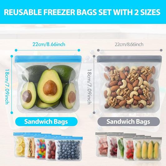 10 Pack Reusable Sandwich Bags Reusable Freezer Bags, Leakproof Silicone Food Storage Bag BPA Free Food Storage Contaizers, Gallon Freezer Snack Bag for Marinate Meat, Salad Fruit, Veggies, Lunch