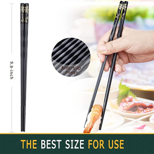 Fiberglass Chopsticks Series - Japanese Non-Slip Chopstick, Reusable Chop Sticks Dishwasher Safe, 5 Pairs, Gift Set, 9.9 Inches, Black