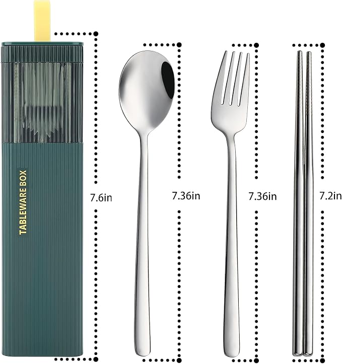 DEVICO Travel Utensils with Case, 4Pcs Korean Chopsticks Fork and Spoon Set | 18/8 Stainless Steel Portable Cutlery Set, Reusable Silverware for Lunch Box/Camping/Work/School, Dishwasher Safe, Dark Green