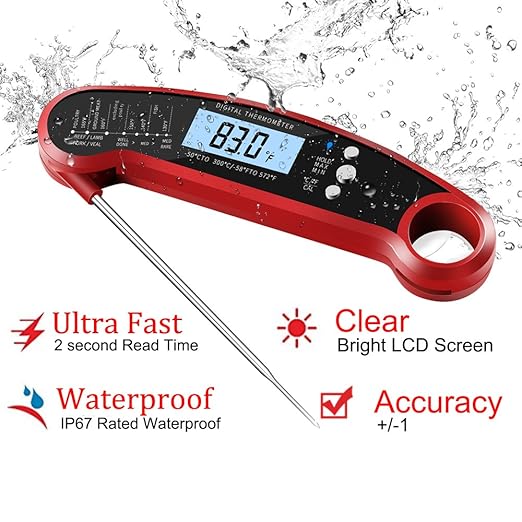 Cooking Thermometer,IP67 Waterproof Digital Meat Thermometer with Backlight, Calibration & Hold Function,Food Thermometer for Cooking,Outdoor Grilling,Candy Making