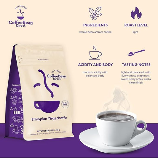 Coffee Bean Direct Ethiopian Yirgacheffe, Whole Bean Coffee, Light Roast, 1 Pound Bag (Pack of 1)