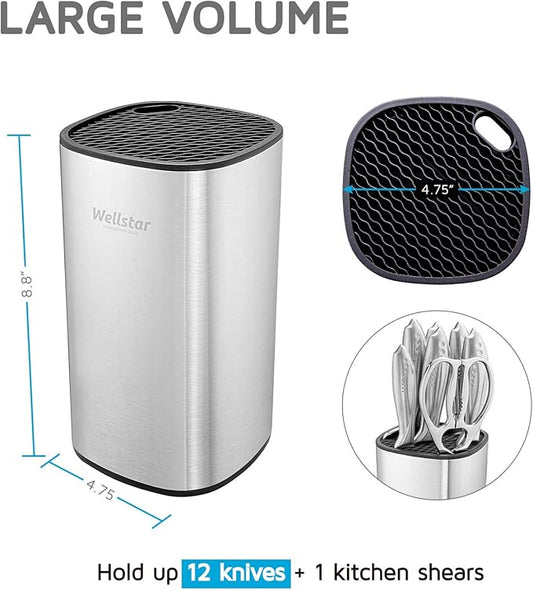 WELLSTAR Universal Knife Block Holder, Stainless Steel Knife Stand Without Knives, Safe Space Saver Large Volume Stable Knife Storage with Scissors Slot, Detachable for Easy Cleaning - Square