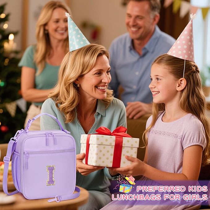 Initial Insulated Lunch Bag for Girls Kids, Back to School Gift, Reusable Leak-proof Lunch Box with Adjustable Strap for School Daycare Travel Picnic (Purple,I)
