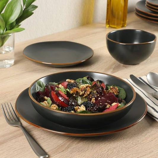 Gibson Home Hazeltine 16-Piece Black Stoneware Dinnerware Set – Plates and Bowls, Durable Ceramic Kitchen Dinner Set