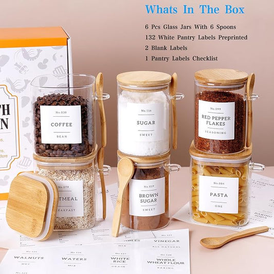 CZSZYGHBAO 6 Pack Glass Jars with Bamboo Lid and Spoons - 17Oz/27Oz Borosilicate Glass Jars with 132 Pantry Labels - for Coffee Beans, Tea, Sugar & More