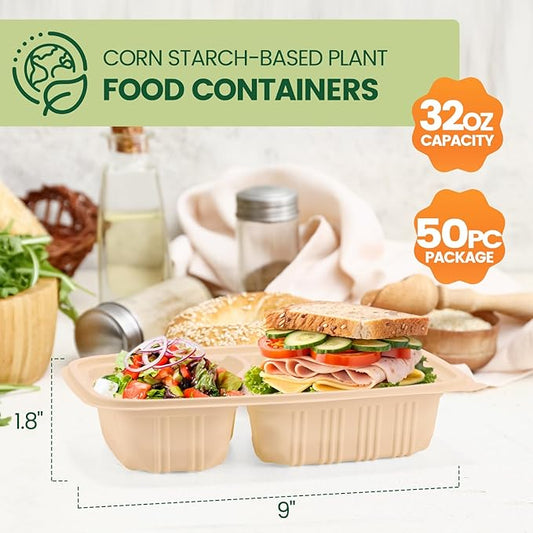 100 Piece (50 Pack) Meal Prep Containers Reusable - 2 Compartment 32 oz Cornstarch Snack Containers with Lids - Plastic Food Storage Salad Containers - To Go Lunch Box - Microwave & Freezer Safe