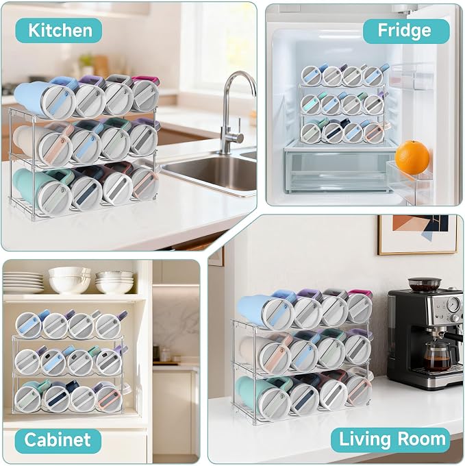 Stackable Water Bottle Organizer Large Compartment Water Bottle Holder | Tumbler Organizer for Stanley 40 oz Cup, Kitchen Cabinet Storage Organizer for Stanley Cup Accessories, 3 Tier Hold 12 Bottle