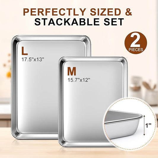 Baking Sheet Set of 2, Commercial Grade Stainless Steel Cookie Sheets for Baking, 17.5''x13'' / 15.7''x12'', Thicker and Firmer Baking Pans Set, Rust & Warp Resistant & Nonstick, Nontoxic & Heavy Duty
