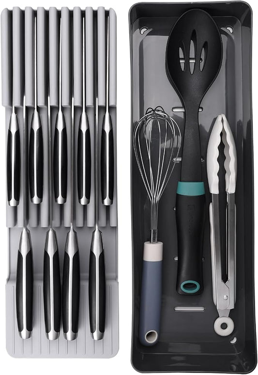 Linoroso Knife Drawer Organizer With In-Drawer Knife Block for 9 Knives, Kitchen Utensil Organizer, BPA Free Secure Storage Tray for Countertop Organization