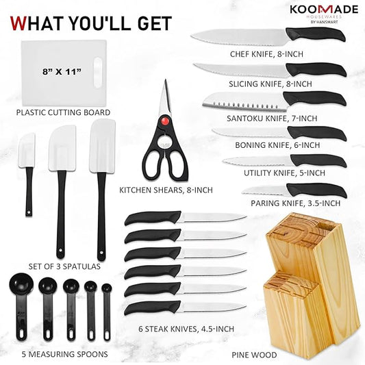 Knife Set With Block, Cutlery Essentials 23 Pieces Kitchen Stainless Steel Knife Block Sets With Cutting Board,Shears,Paring,Utility,Santoku,Steak Knives,Dishwasher Safe Cutlery Block Set