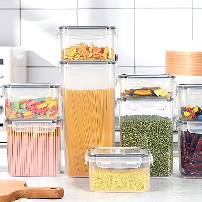 18 Pack Airtight Food Storage Containers with Lids | clear airtight containers with tight lids keep dry food fresh. Safe plastic, stackable for pantry kitchen storage
