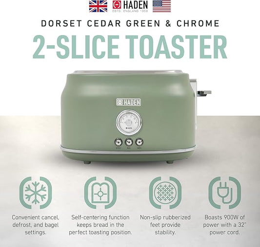 Haden Dorset 2 Slice Wide Slot Stainless Steel Toaster with Adjustable Browning Control & Non Slip Feet, Cedar Green & Chrome