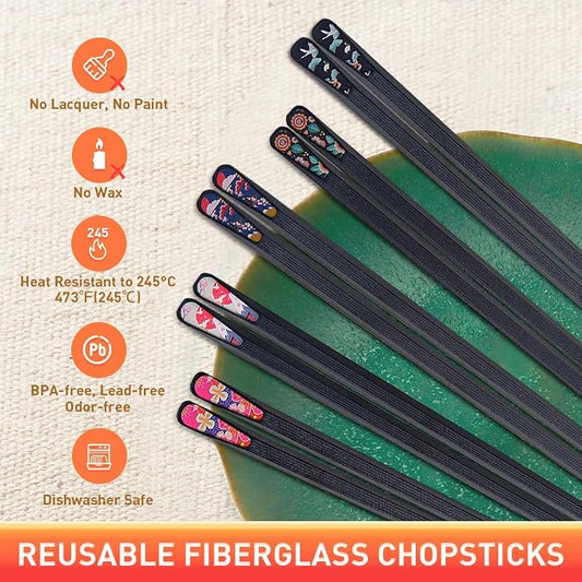 VIWIK 5 Pairs Reusable Chopsticks Premium Fiberglass Cute Japanese Korean Style Dishwasher Safe Chop sticks 9.5 Inch Gift Set
