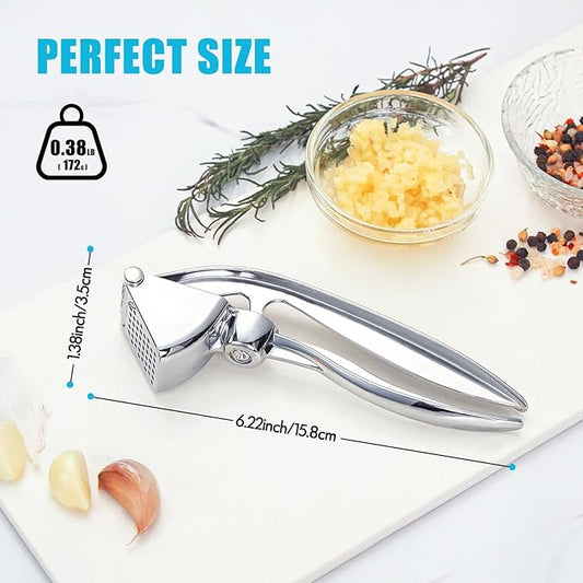 Garlic Press, Premium Kitchen Garlic Mincer Tool, Rust Proof & Dishwasher Safe, Heavy Duty Professional Metal Garlic Crusher with Ergonomic Handle, Easy to Squeeze and Clean -Silver