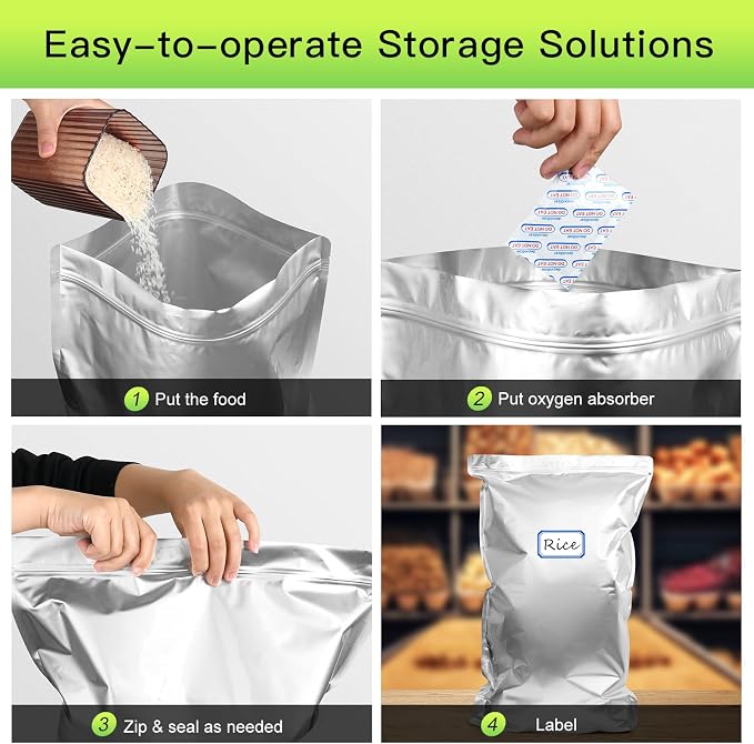 5-Gallon Mylar Bags with 2500cc Oxygen Absorbers for Food Storage, 10-Pack | 11.8 Mil Heavy Duty, 17x27 inch, Fits 5-Gal Buckets, 100% Light, Odor & Moisture Barrier, Resealable, Stand-up Zipper