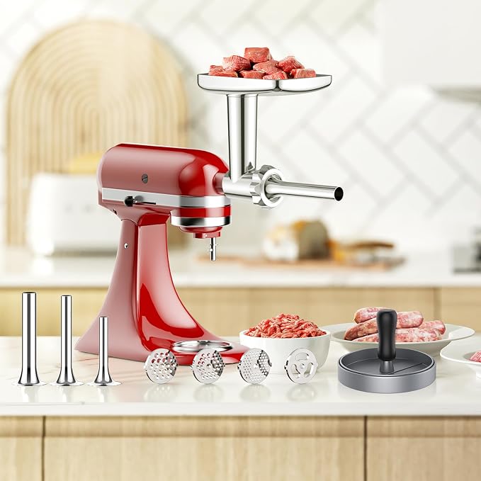 GVODE Stainless Steel Meat Grinder for KitchenAid Mixer, with Burger Press | Dishwasher Safe, Meat Grinder Attachment for KitchenAid Stand Mixer Includes 4 Grinding Plates, 3 Sausage Tubes, 2 Blades