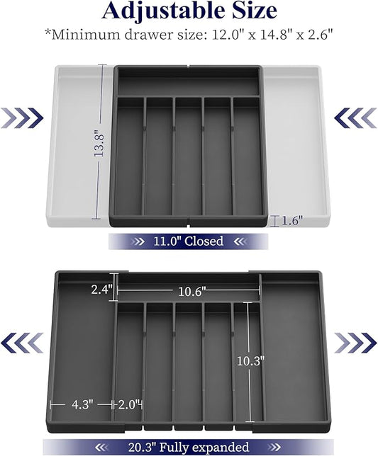 Kitsure Silverware Organizer for Drawers - Expandable Cutlery and Utensil Drawer Organizer with Easy Maintenance, Premium PP Kitchen Organizers and Storage for Flatware, Black, 20.3" x 13.8" x 1.6"