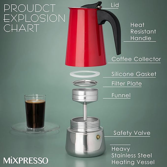 Mixpresso Red 6 Cup Greca Stovetop Espresso Pot 300ml/10oz, Moka Pot with Coffee Percolator Design, Stainless Steel Stove Top Coffee Maker for Camping or Home Use,Italian Stovetop Espresso Maker
