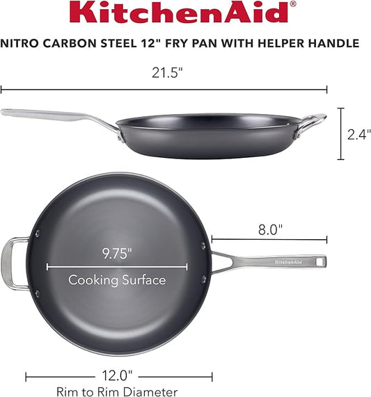KitchenAid NITRO Carbon Steel Frying Pan/Skillet, Stainless Steel Handle, Compatible with All Cooktops, 12 Inch Fry Pan with Side Handle - Black