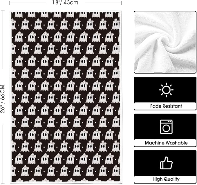 Artoid Mode Black Ghost Halloween Kitchen Towels Set of 2 18x26 Inch | Spooky Bow Knot Hand & Dish Towels,Ultra Absorbent,Seasonal Farmhouse Decoration