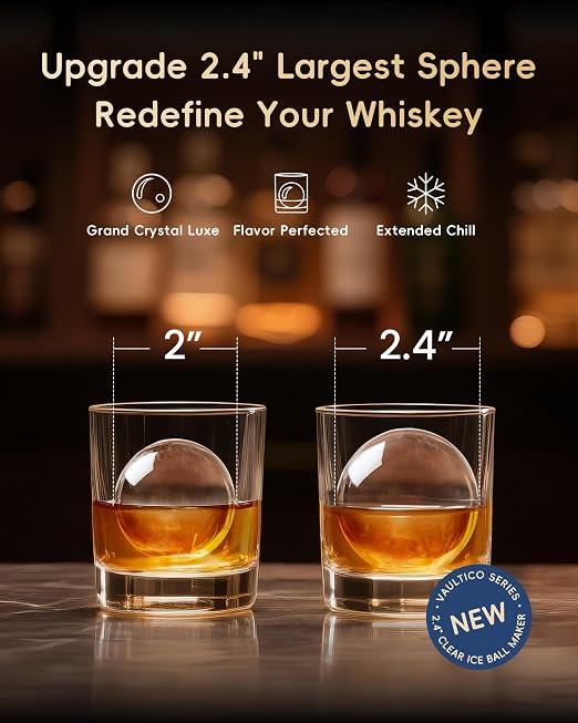 ecozy 2.4" Clear Ice Ball Maker Countertop with CrystalFlux Technology, Minimal Footprint Sphere Ice Maker with 8H Timer, 1 pcs in 40 Mins, 32 pcs/Day, Self-Cleaning for Home Bar Whiskey & Bourbon