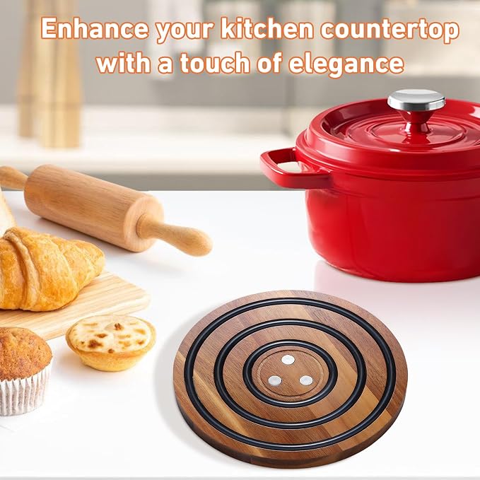 2 Pcs Magnetic Wooden Trivets, Acacia Wood with Black Silicone Rings, Magnetic Pot Holder for Le Creuset Enameled Cast Iron Dutch Oven & Cast Iron Skillets, Wood Trivet