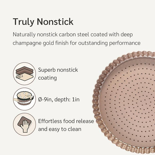 HAPPIELS Nonstick 9 Inch Tart Pan with Removable Bottom | PFOA & BPA Free Non Toxic Fluted Pie & Quiche Tin | Best Perforated Non Stick Nontoxic 9in Molds with Holes for Baking