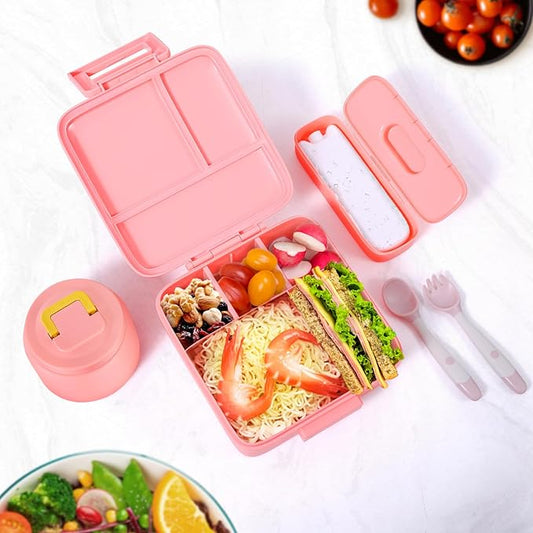 Bento Lunch Box for Kids With 8oz Soup Thermo,Leak-proof Lunch Containers with 5 Compartment,Thermo Food Jar and Lunch Bag, Food Containers for School (A-Pink(Unicorn - Mermaid))