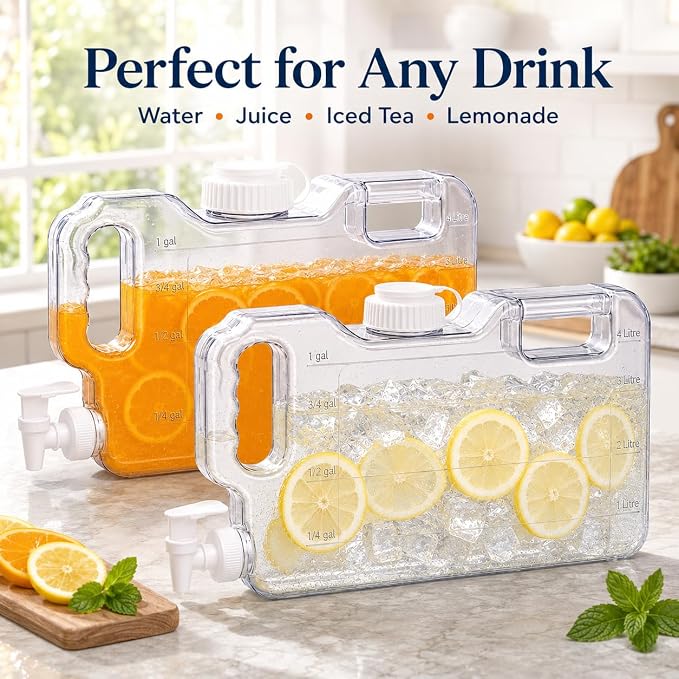 Fridge Water Dispenser with Leak-Proof Spigot, Reusable Refrigerator Drink Dispenser with Handle, Water Jug Beverage Container for Iced Tea, Juice, Lemonade, Party and Daily Use (2, 1.1 Gallon)