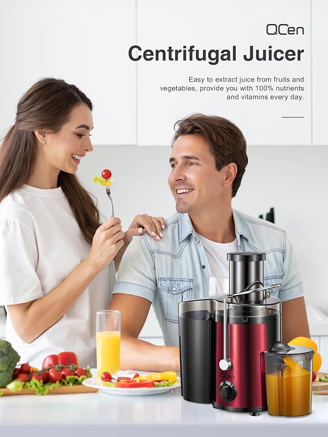 QCen Juicer Machine 500W Centrifugal Juicer with Extra Wide Feed Chute | For Fruits And Vegetables, Stainless Steel, BPA-Free Parts, Easy To Clean, Metallic Red, Countertop Juicer