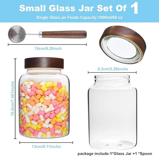 Glass Coffee Jars Spice Jar Round Storage Canister with Wooden Lid Clear Glass Food Jar for Pantry Sugar Tea Coffee Bean Spice Nuts Cookies Bath Salts (1800ml/60oz-2PACK(with spoon)