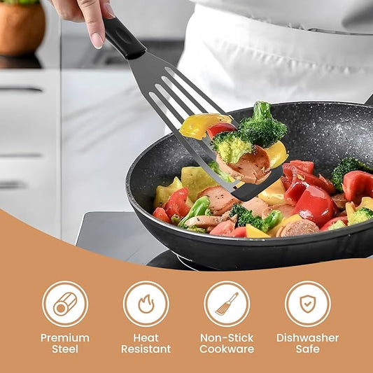 2Pack Silicone Fish Spatulas for Nonstick Cookware,Fish Turner Spatula Stainless Steel with Heat Resistant Silicone Edge,Metal Slotted Spatula for Flipping Fish Egg Patties Fries Pancake Steak (Black)