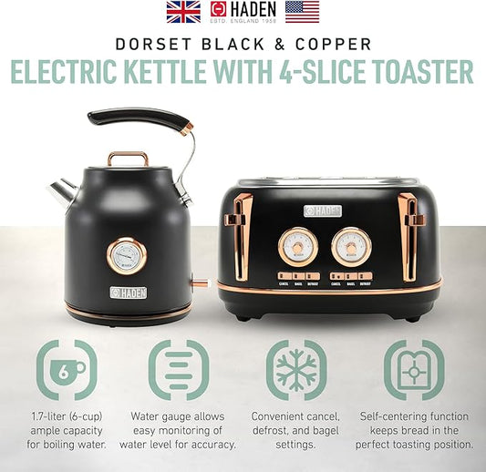 Haden Dorset 1.7 Liter Stainless Steel Electric Kettle with 360-Degree Base Bundled with 4 Slice Wide Slot Stainless Steel Toaster, Black & Copper