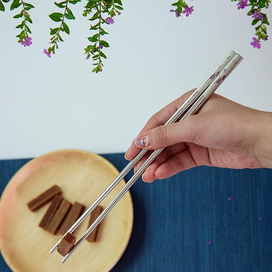Reusable Chopstick and Spoon Set, Korean Long Handle Stainless Steel Spoon and Chopsticks Set, Dishwasher Safe Metal Chop sticks, Set of 3. (Multi-patterned)