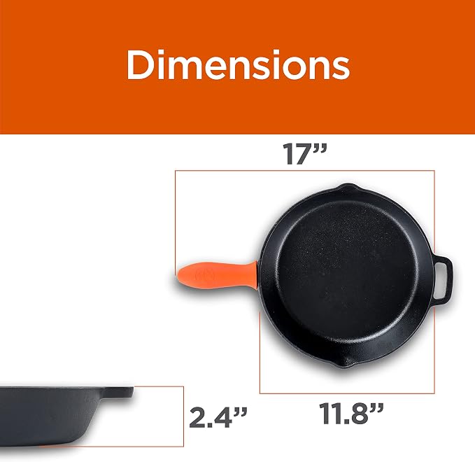 Commercial CHEF 12-Inch Cast Iron Skillet with Silicone Grip Handle, CHFL12 | Pre-Seasoned Cast Iron, Works on All Cooktops Including Induction, Outdoor Skillet for Campfires or Grills
